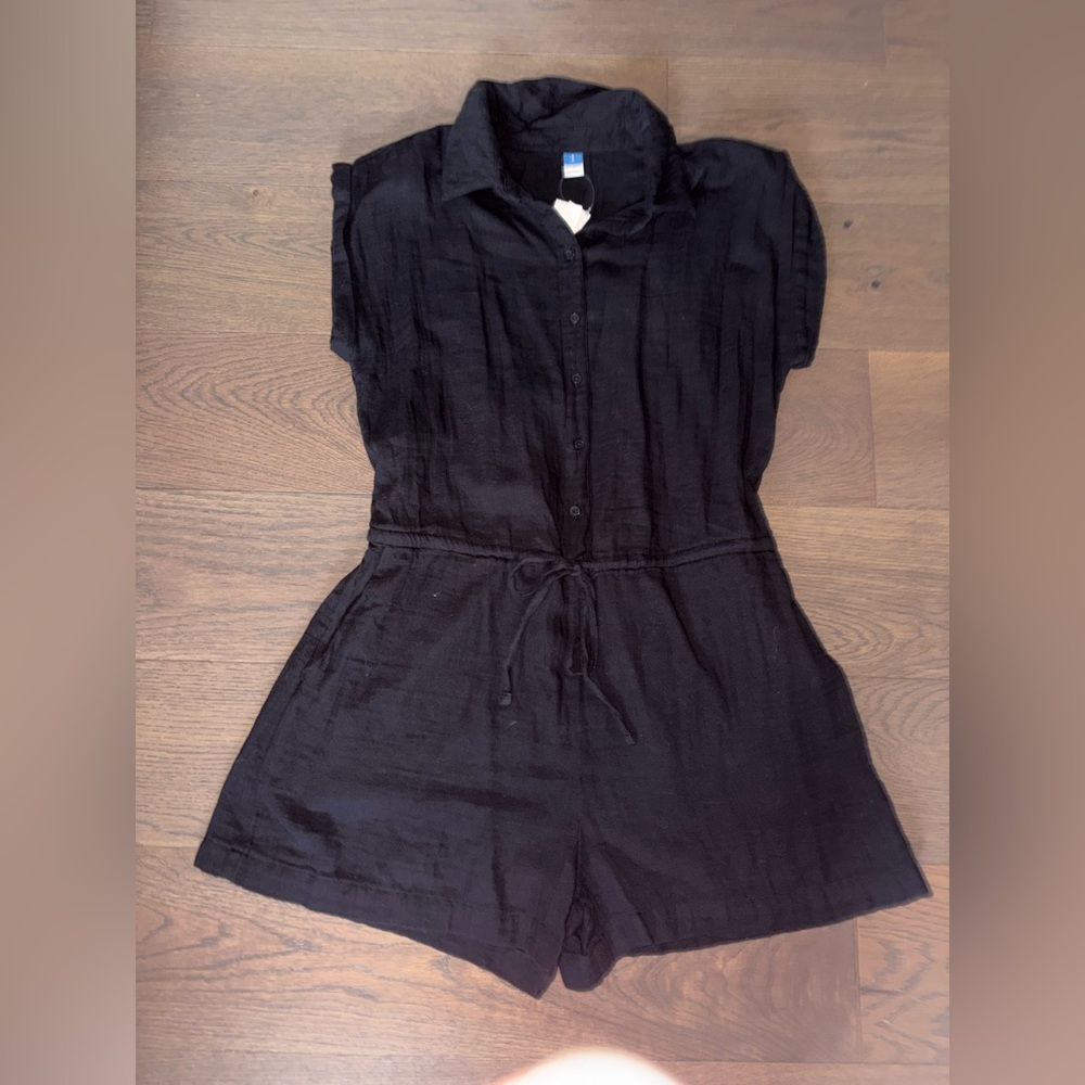 Old Navy Crinkle Gauze Black Button-Up Romper